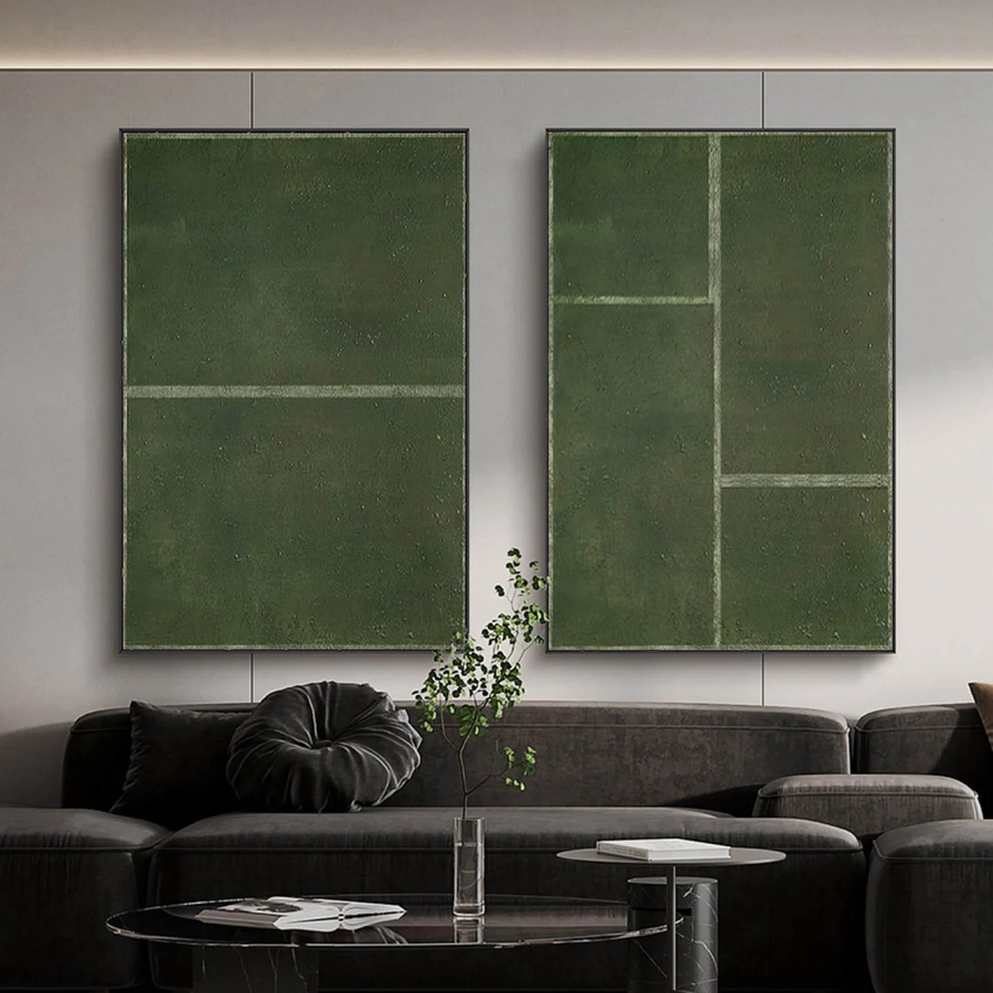 Modern Green Geometric Art, Textured Minimalist Set Of 2 #BGA 082 hand-painted oil painting