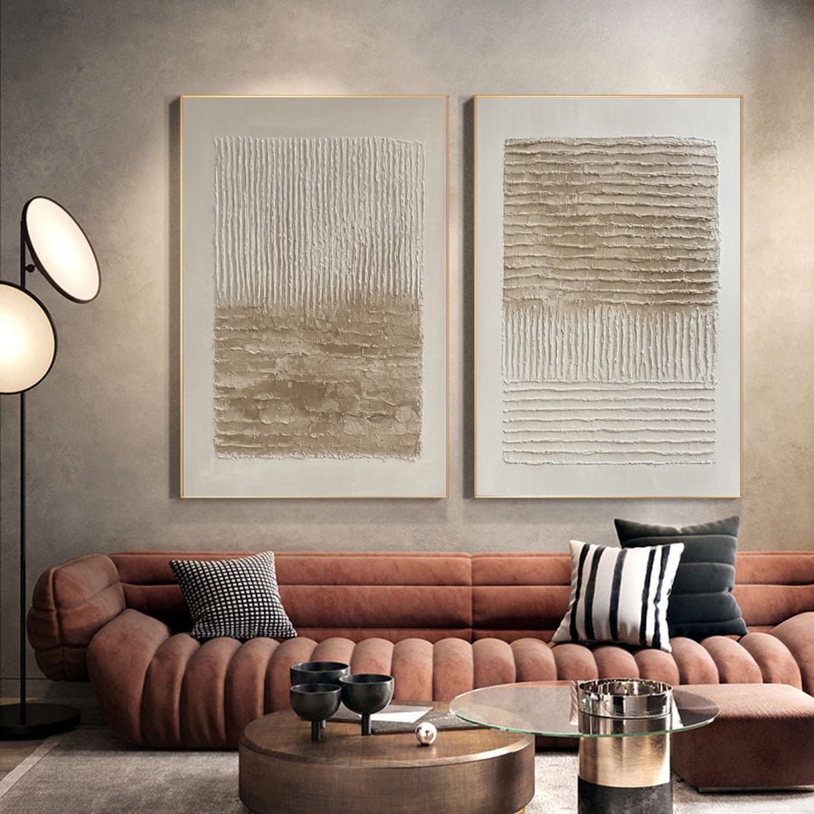 Modern Minimalist Set of Two with Sculpted Neutral Striations #BGA 194 hand-painted oil painting