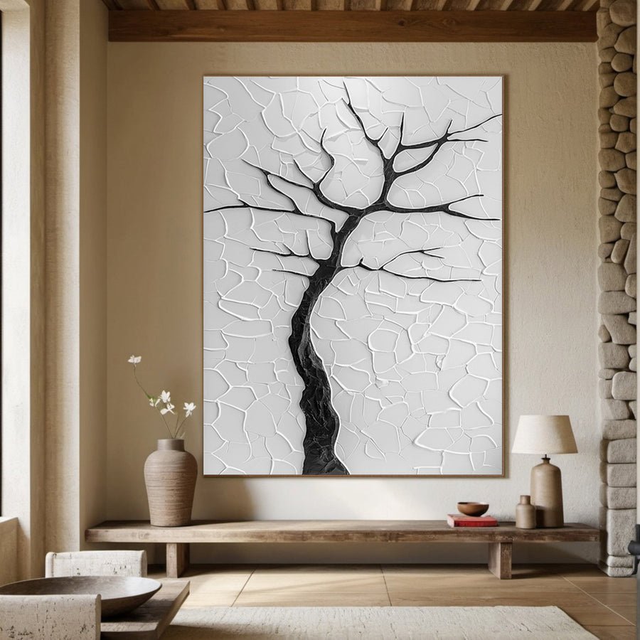 Modern Minimalist Tree Against Cracked White Impasto #BGA 203 hand-painted oil painting