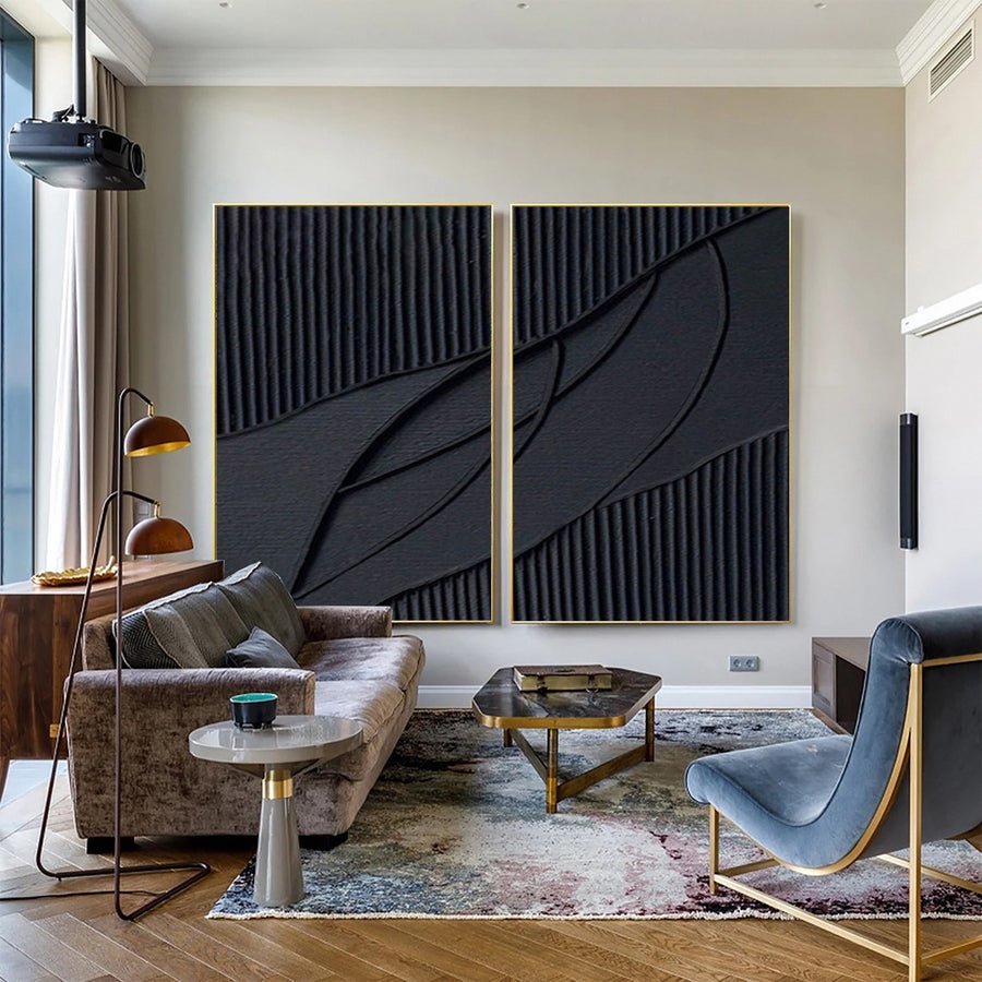 Modern Noir Textured Black Abstract Art Canvas Set Of 2 #BMS 004 hand-painted oil painting