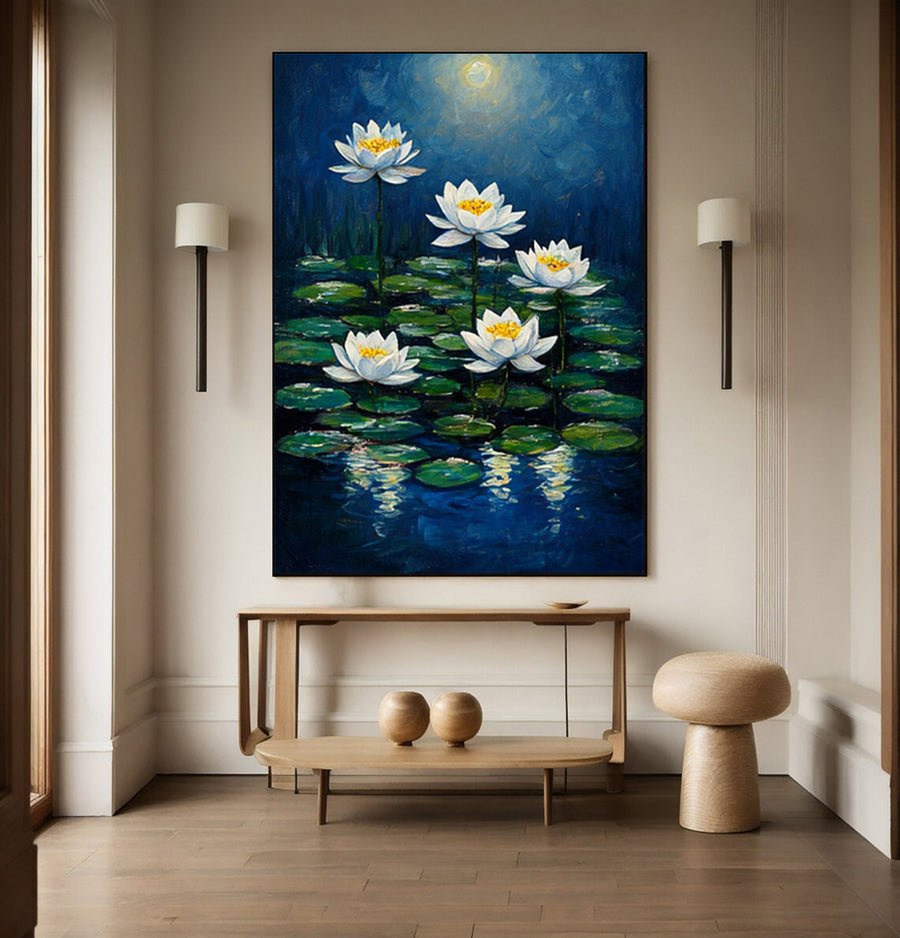 Modern Painting with Soft Light Illuminating Lilies on Dark Water #BGA 277 hand-painted oil painting