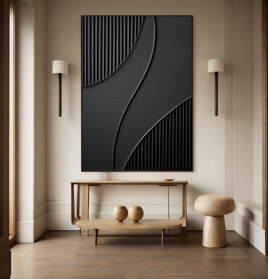 Modern Painting with Tactile Grooves and Flowing Black Forms #BGA 245 hand-painted oil painting
