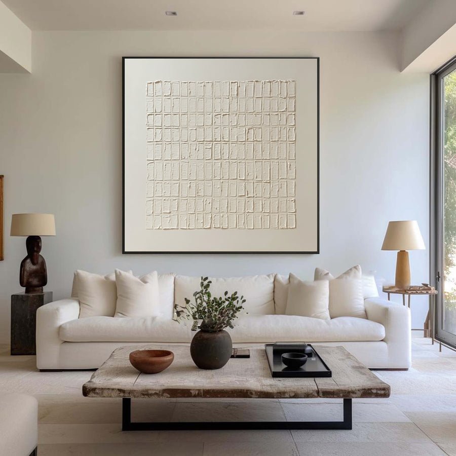 Modern Textured Wall Art Cream White Grid Decor #WG 058 hand-painted oil painting