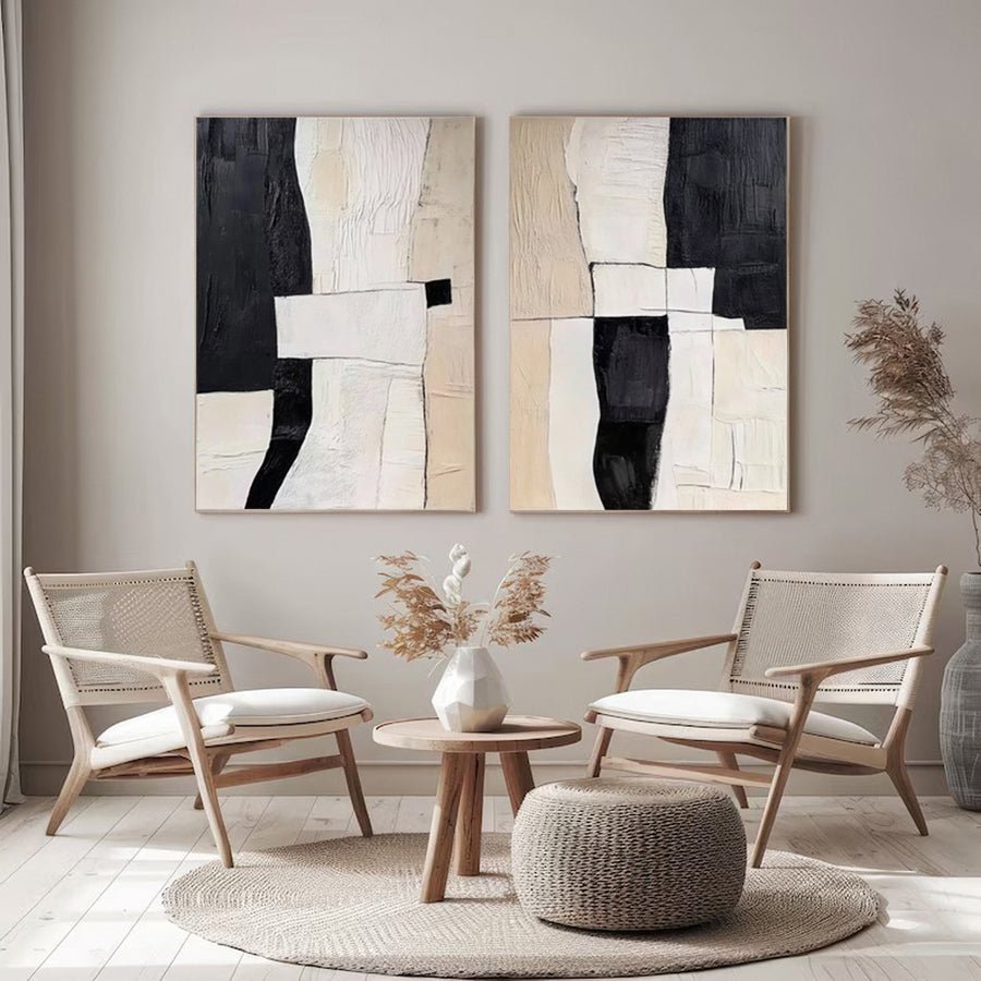 Monochrome Mastery Elegant Black & White Abstract Canvas SET OF 2  #BWA 010 hand-painted oil painting