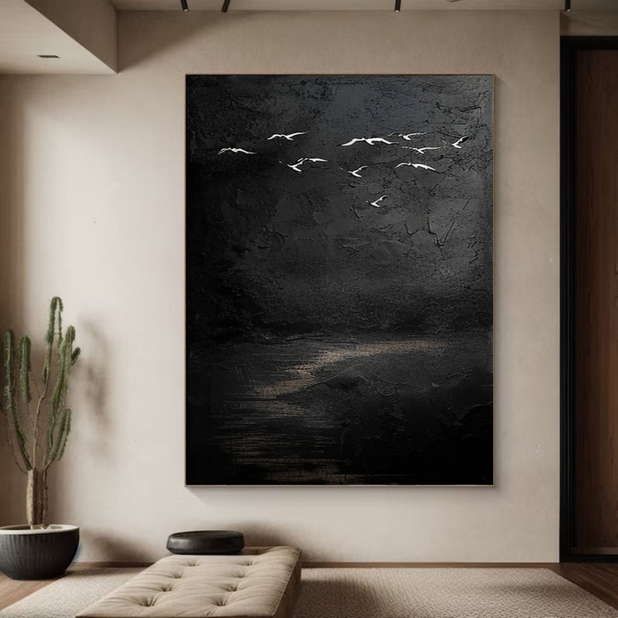 Mystical Birds Abstract Wall Art Black and White Textured Canvas #BM 054 hand-painted oil painting