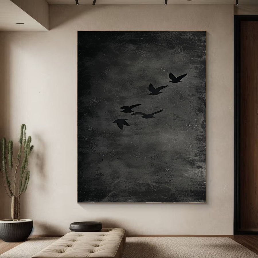 Mystical Birds Abstract Wall Art Black and White Textured Canvas #BM 055 hand-painted oil painting