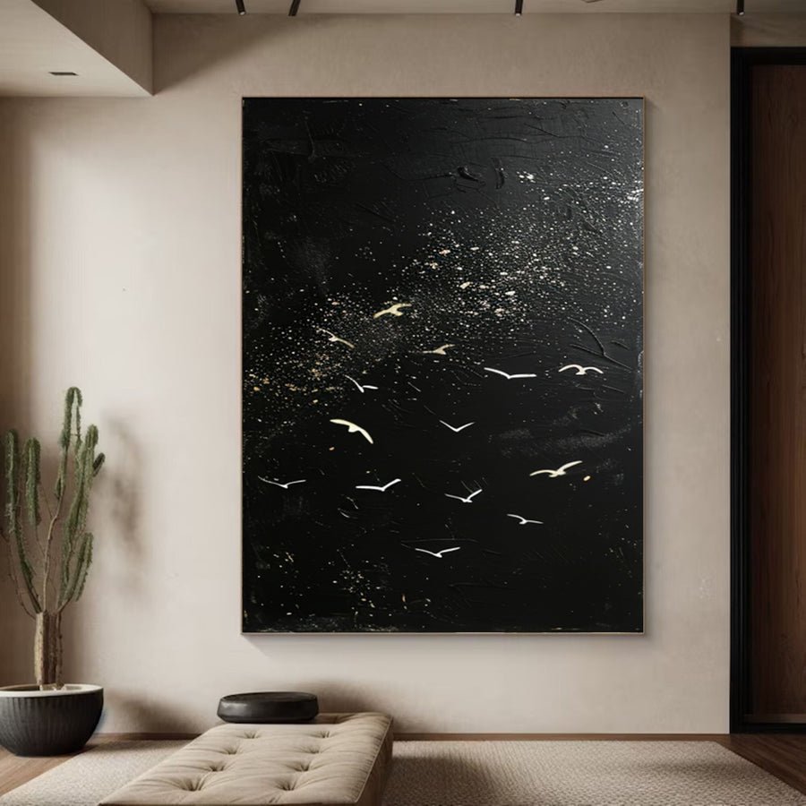 Mystical Birds Abstract Wall Art Black and White Textured Canvas #BM 056 hand-painted oil painting