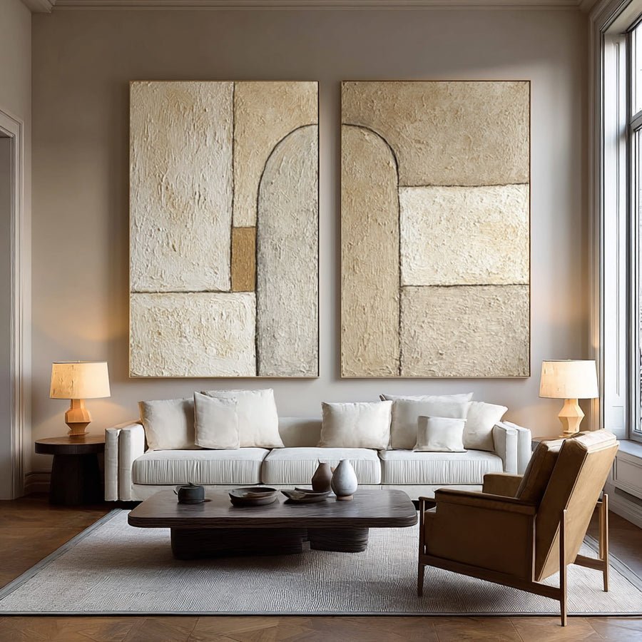 Neutral Geometric Abstract Canvas Set of 2 #WG 078 hand-painted oil painting