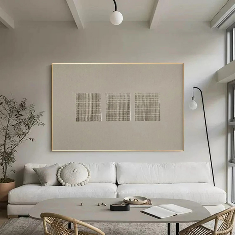 Neutral Palette Grid Art, Contemporary Line Painting  #BGA 085 hand-painted oil painting