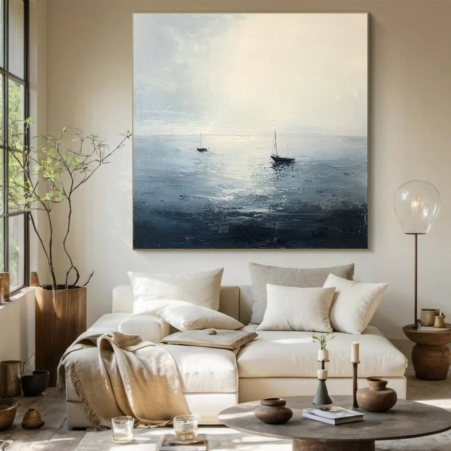 Oceanic Calm Distant Boats Painting for Relaxing Interiors #BBA 040 hand-painted oil painting