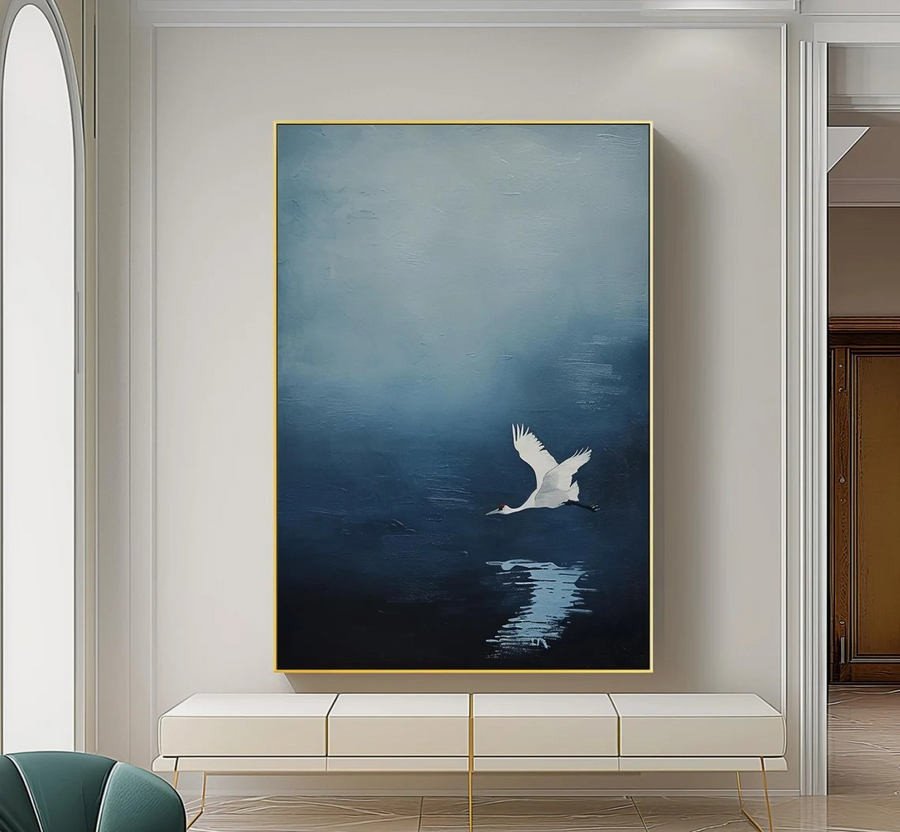 Serene Blue and White Crane Canvas, Minimalist Bird Wall Art #BGA 095 hand-painted oil painting