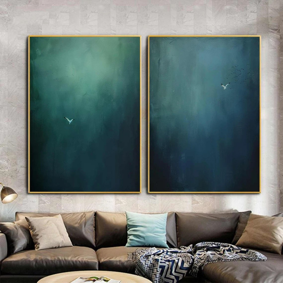 Serene Gradient Landscape Diptych, Minimalist Bird Wall Art #BGA 075 hand-painted oil painting