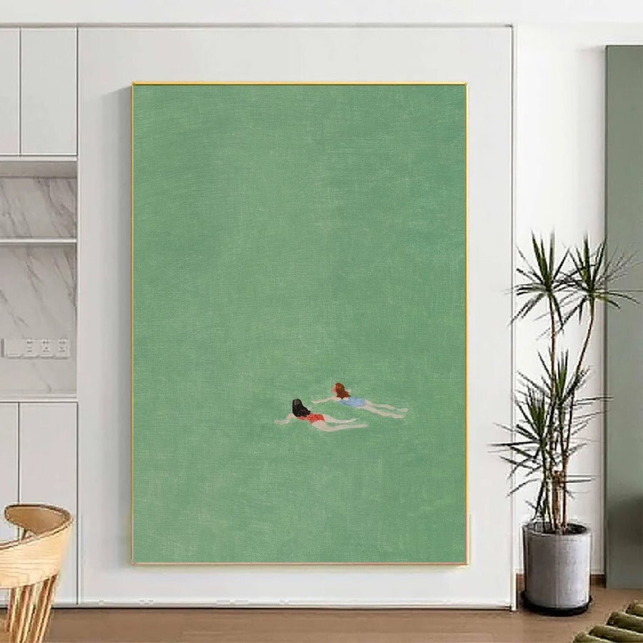 Serene Overhead Depiction of Swimmers in Light Green Water #BGA 288 hand-painted oil painting