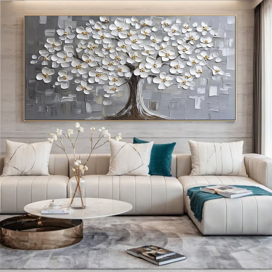 Serene Silver Blossom Tree Artwork - Elegant Living Room Decor #FT 063 hand-painted oil painting