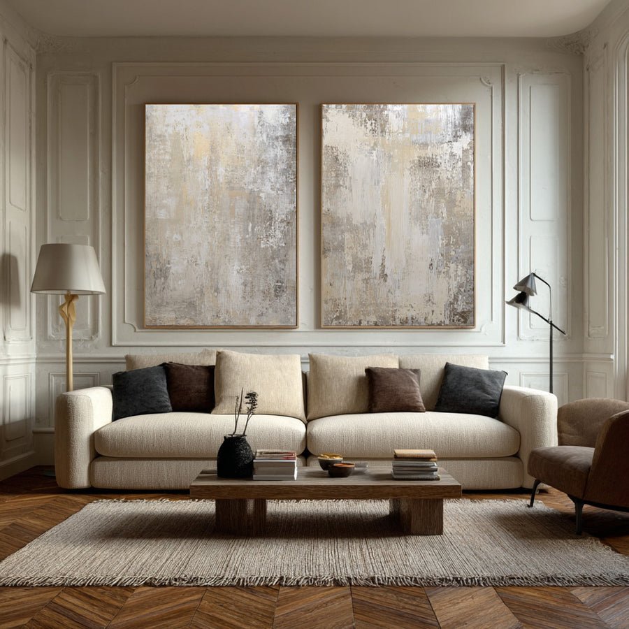 Stylish Beige Living Room Decor with Large Artwork  #WG 001 hand-painted oil painting