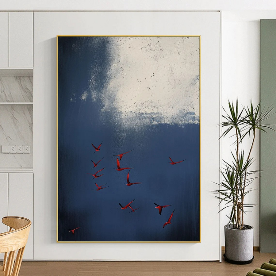 Surreal Blue Sky With Red Birds Canvas, Contemporary Wall Art #BGA 087 hand-painted oil painting