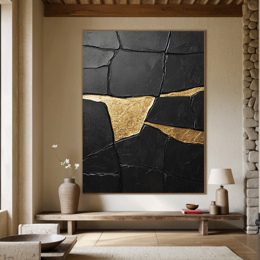 Textured Black Abstract with Irregular Gold Veins, Modern Art #BGA 185 hand-painted oil painting