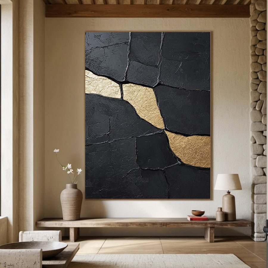 Textured Black Canvas with Striking Organic Gold Accents #BGA 187 hand-painted oil painting