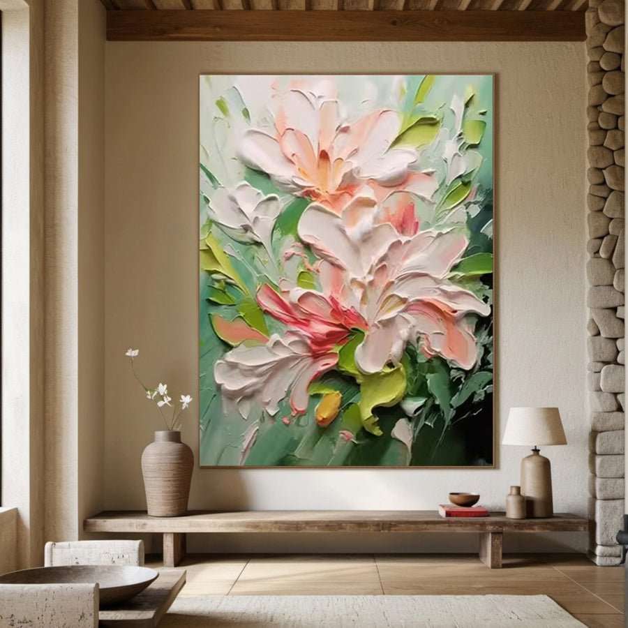 Textured Bloom: 3D Impasto Flower Art, Pink Green Palette #BGA 122 hand-painted oil painting