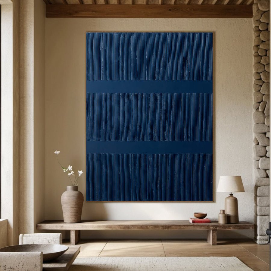 Textured Blue Abstract Minimalist Canvas With Vertical Lines #BGA 040 hand-painted oil painting
