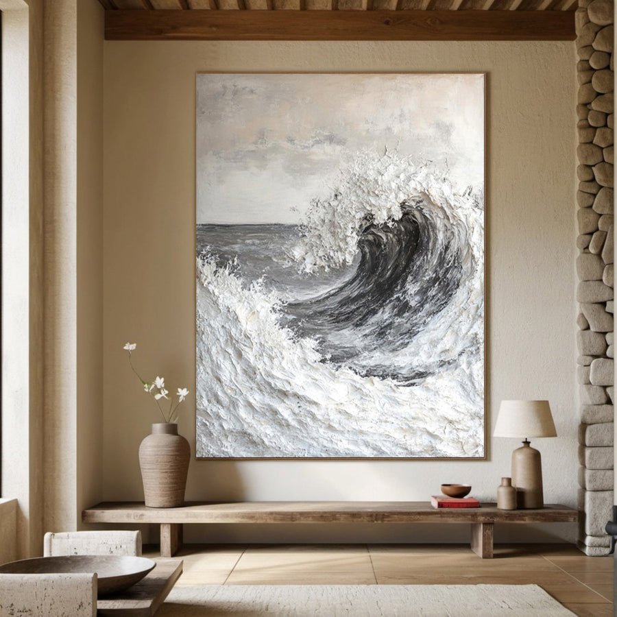 Textured Ocean Wave Wall Painting in Grayscale Impasto #BGA 201 hand-painted oil painting