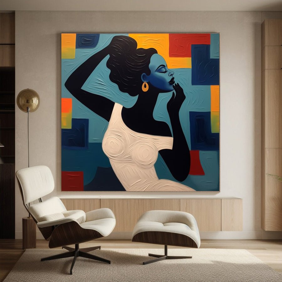Textured Portrait with Bold Color Geometry, Modern Wall Art #BGA 170 hand-painted oil painting