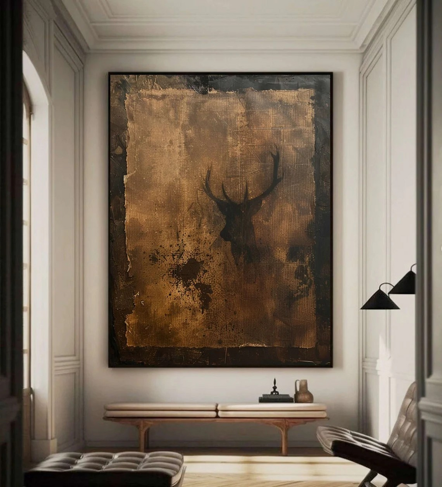 Rustic Painting, Deer Silhouette, Wabi-Sabi Inspired Wall Art #BGA 079 hand-painted oil painting