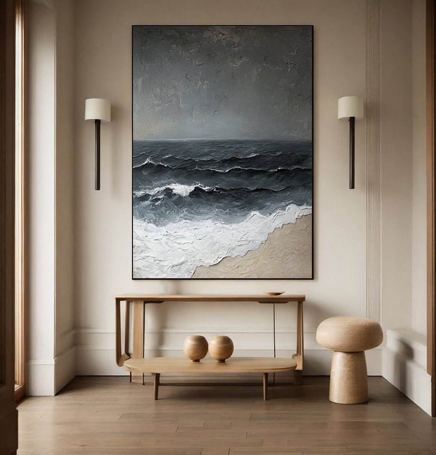 Textured Wave Art with Approaching Storm and Sandy Beach #BGA 262 hand-painted oil painting