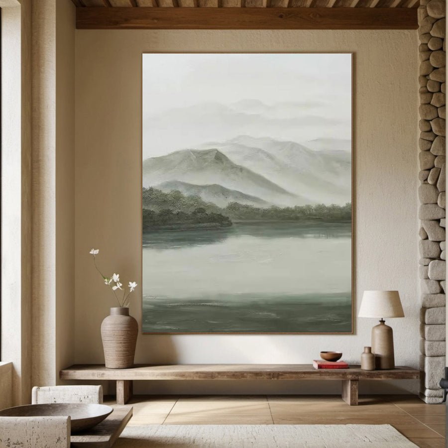Tranquil Green & Gray River Landscape, Atmospheric Painting #BGA 173 hand-painted oil painting