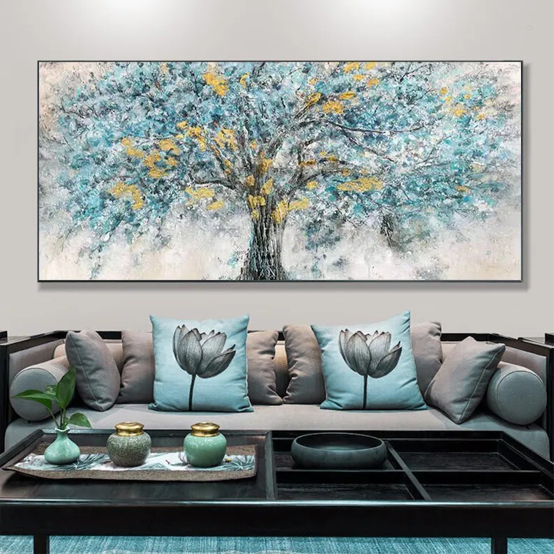 Tree of Life Wall Art in Blue and Yellow #BGA 029 hand-painted oil painting