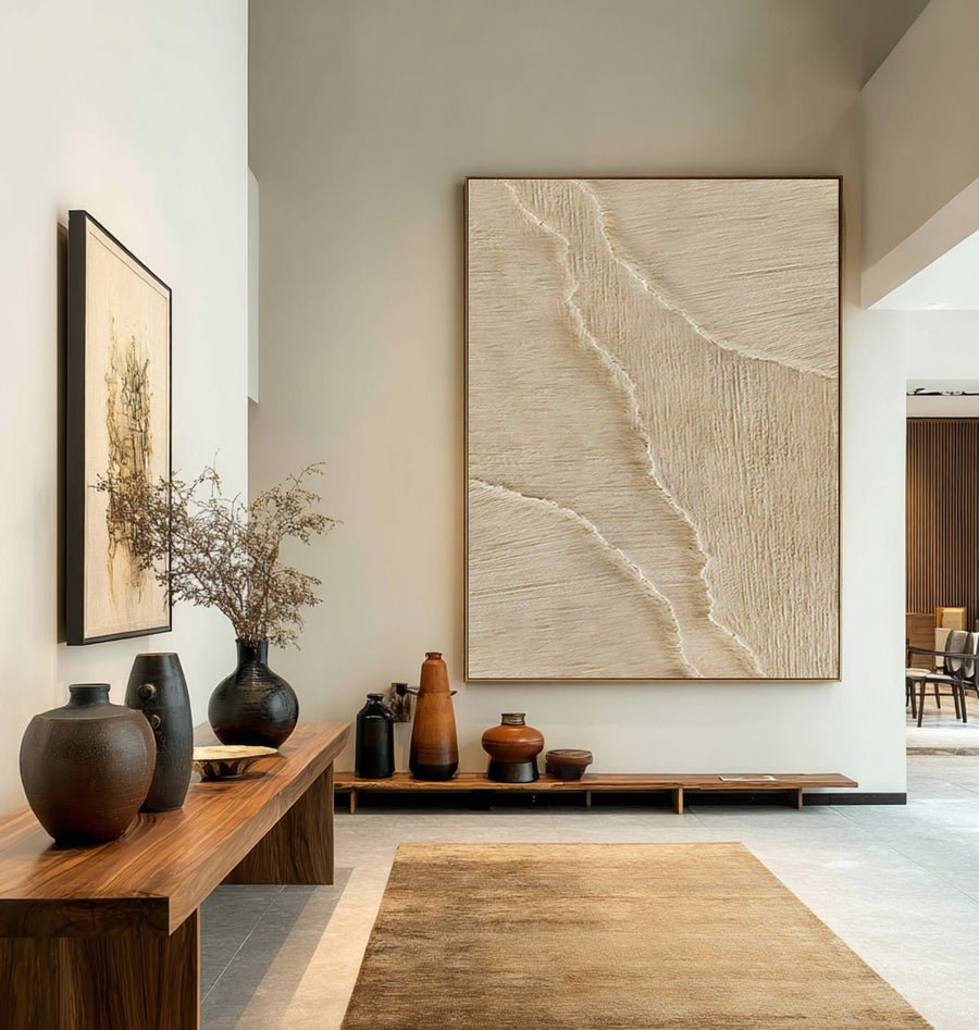 Vertical Textured Abstract Art Minimalist Beige Decor #WG 069 hand-painted oil painting