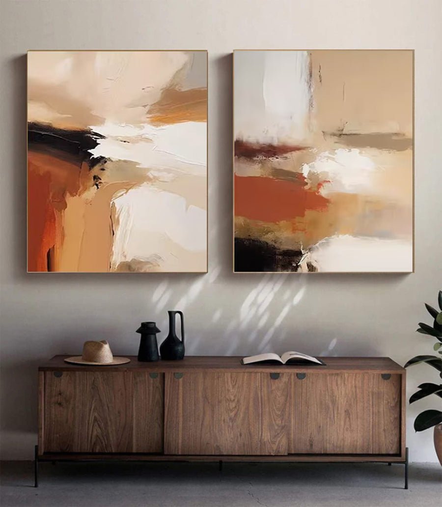 Warm Canvas: Set of 2 Abstract Art, Earthy Palette Design #BGA 130 hand-painted oil painting