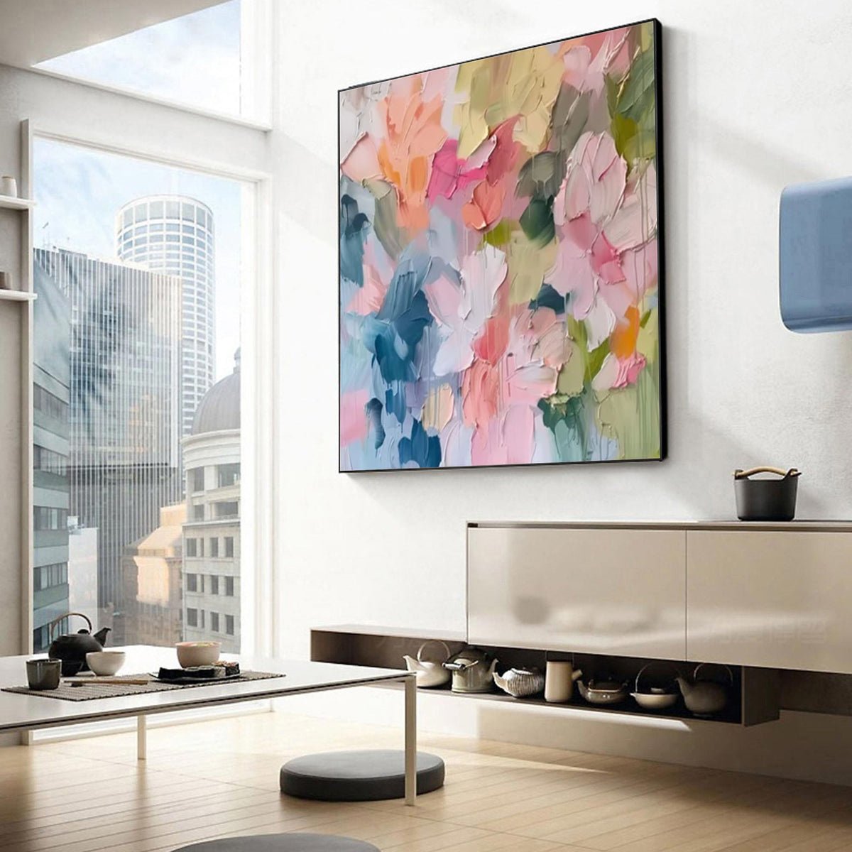 Blossoming Pink Peonies Canvas Art Impressionist Floral Wall Decor #FT 028 displayed in an Artvista interior