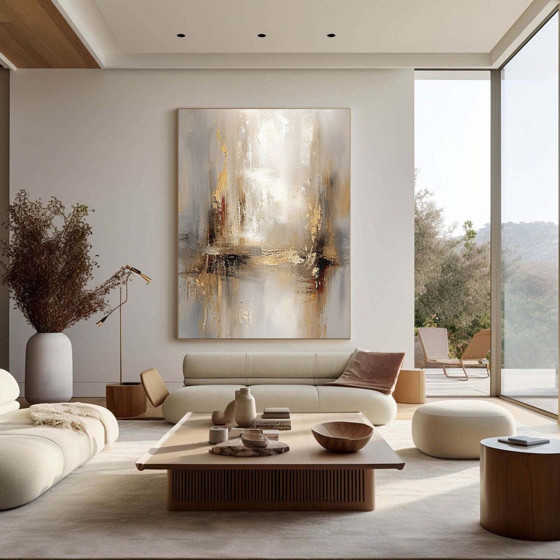 Grey And Beige Abstract Painting Gold Foil Texture Painting#AVG 004 displayed in an Artvista interior