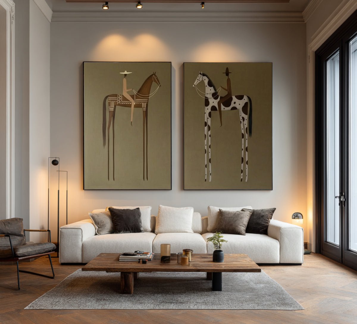 Large Contemporary Horse Rider Diptych #AVG 031 displayed in an Artvista interior
