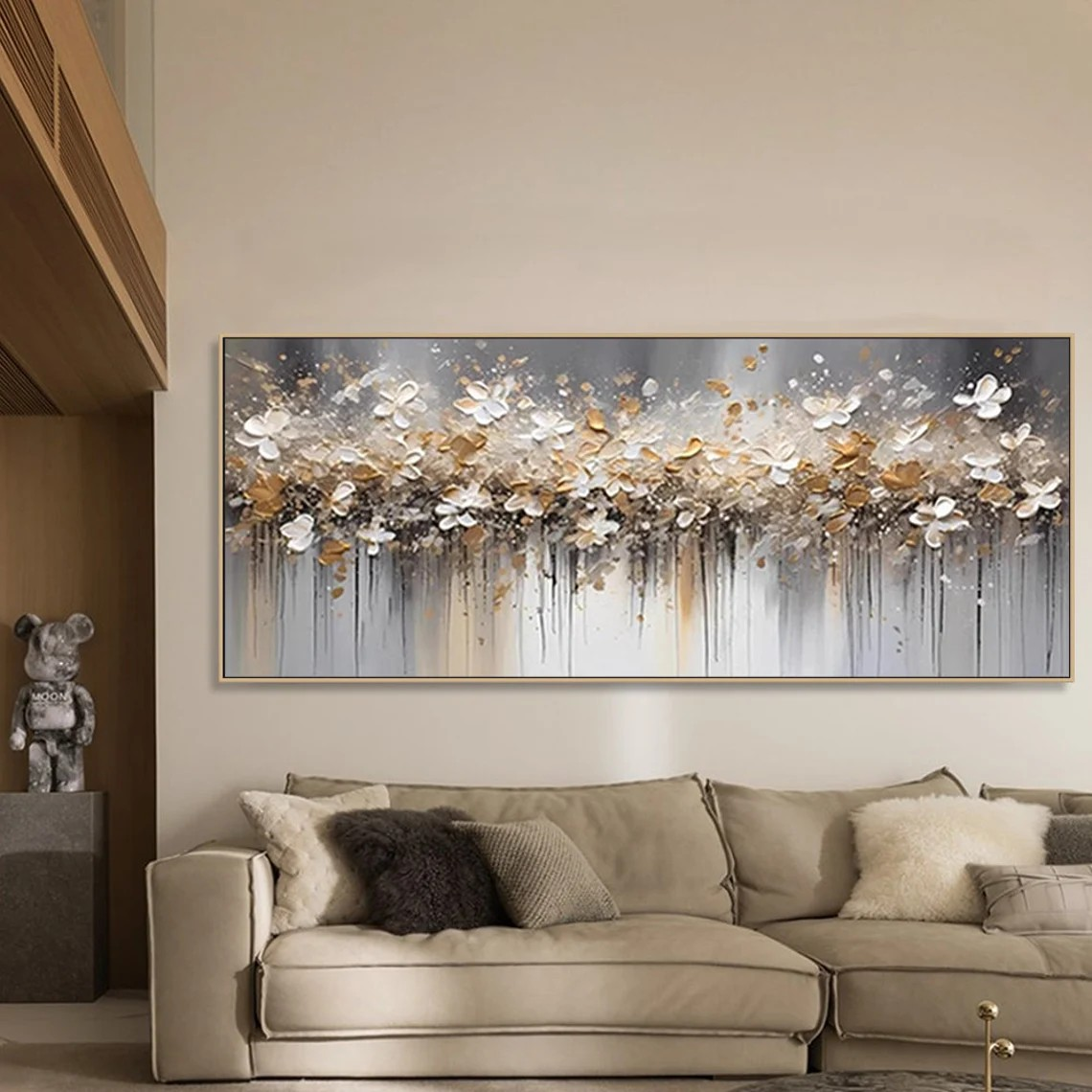 Modern Abstract Floral Wall Art with Golden Highlights #BGA 011 displayed in an Artvista interior