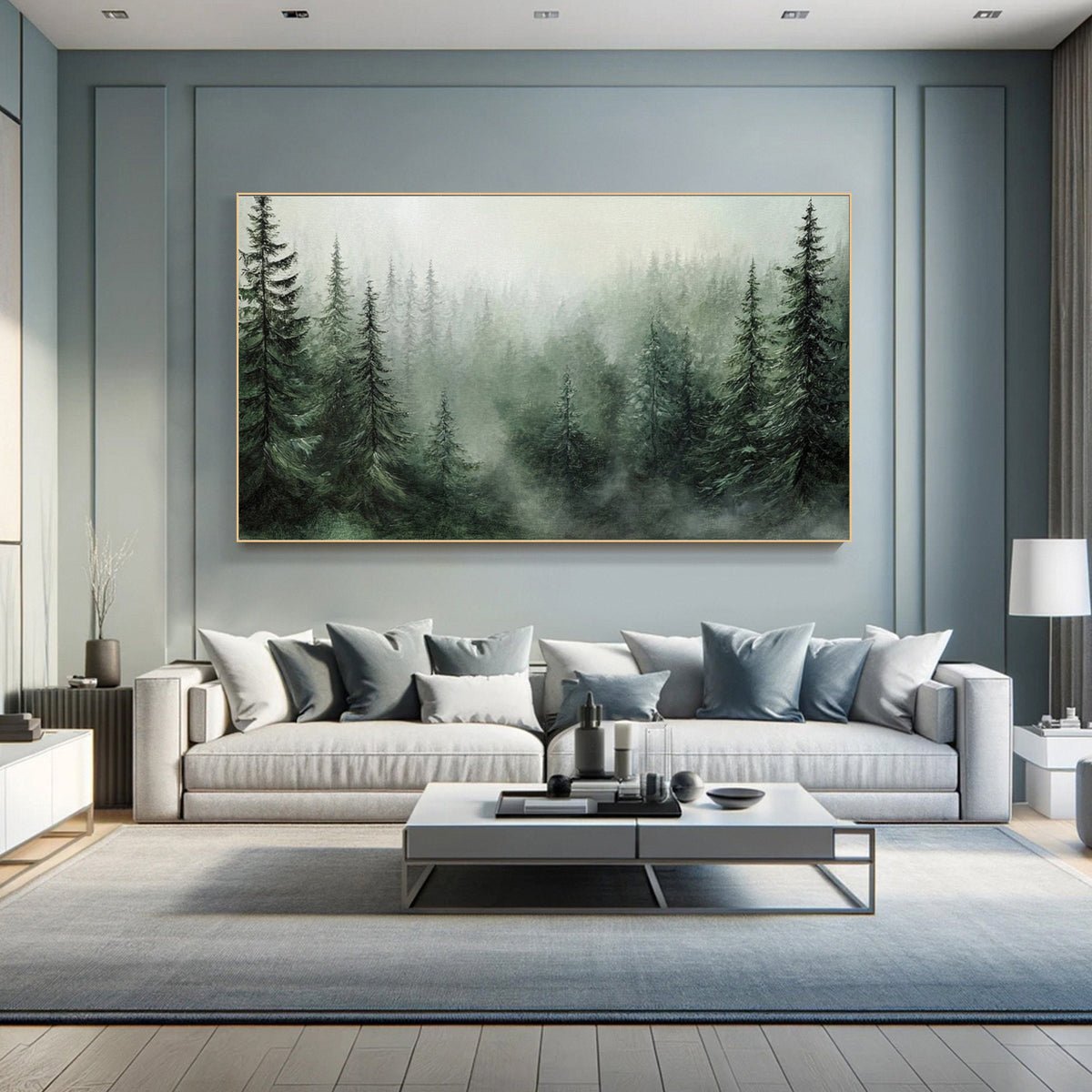Modern Forest Wall Art Misty Pine Trees Oil Painting for Home Decor #FT 014 displayed in an Artvista interior