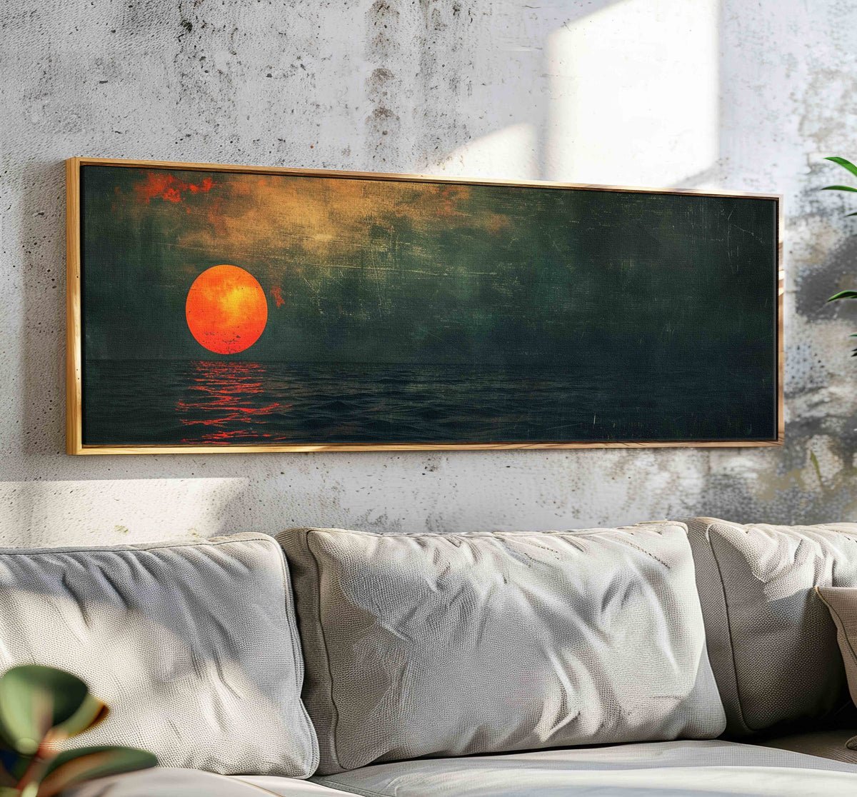 Mystic Sunset: Green Abstract Wall Art #BGA 006 displayed in an Artvista interior