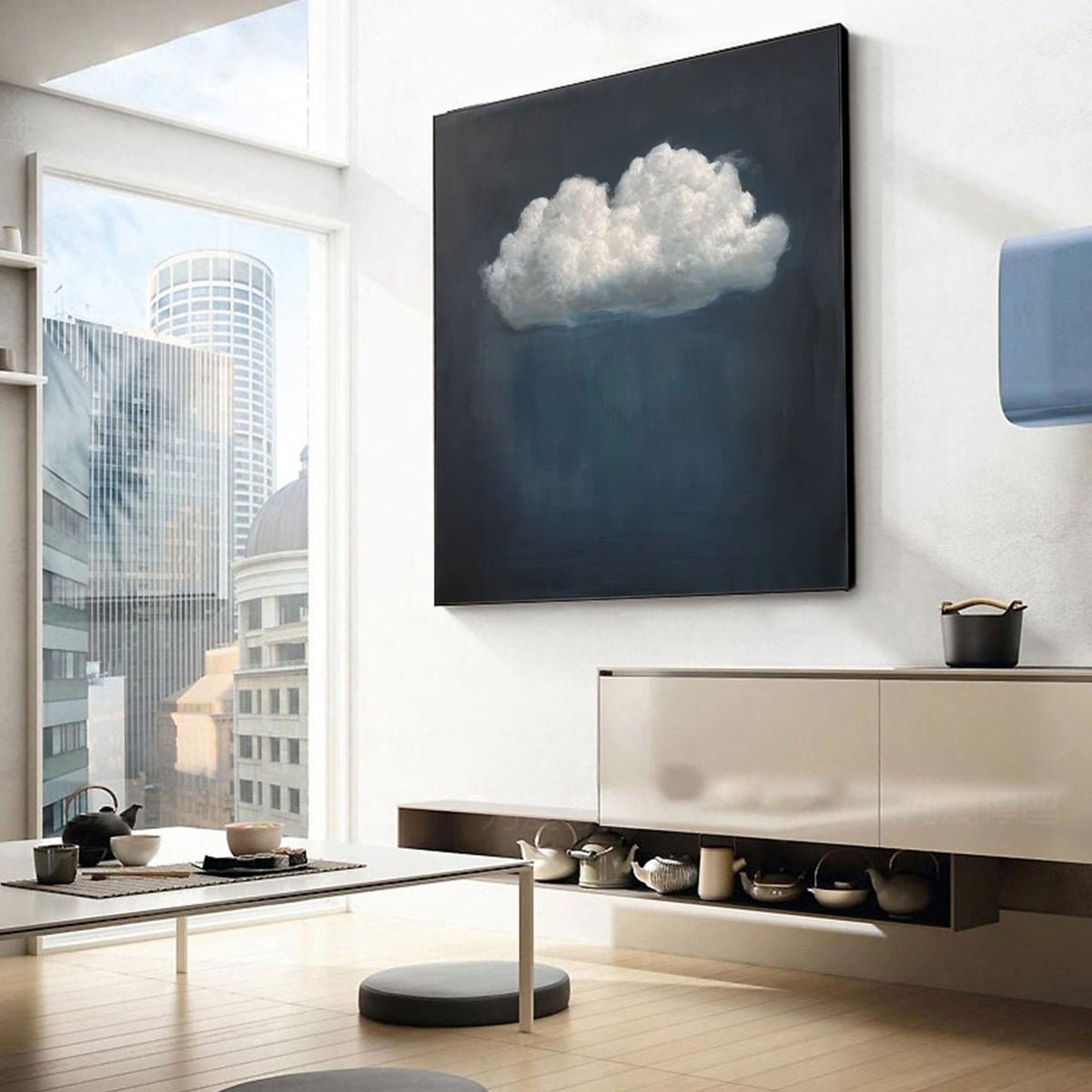 Serene Cloudscape Abstract Art Canvas Modern Sky Painting #OS 017 displayed in an Artvista interior