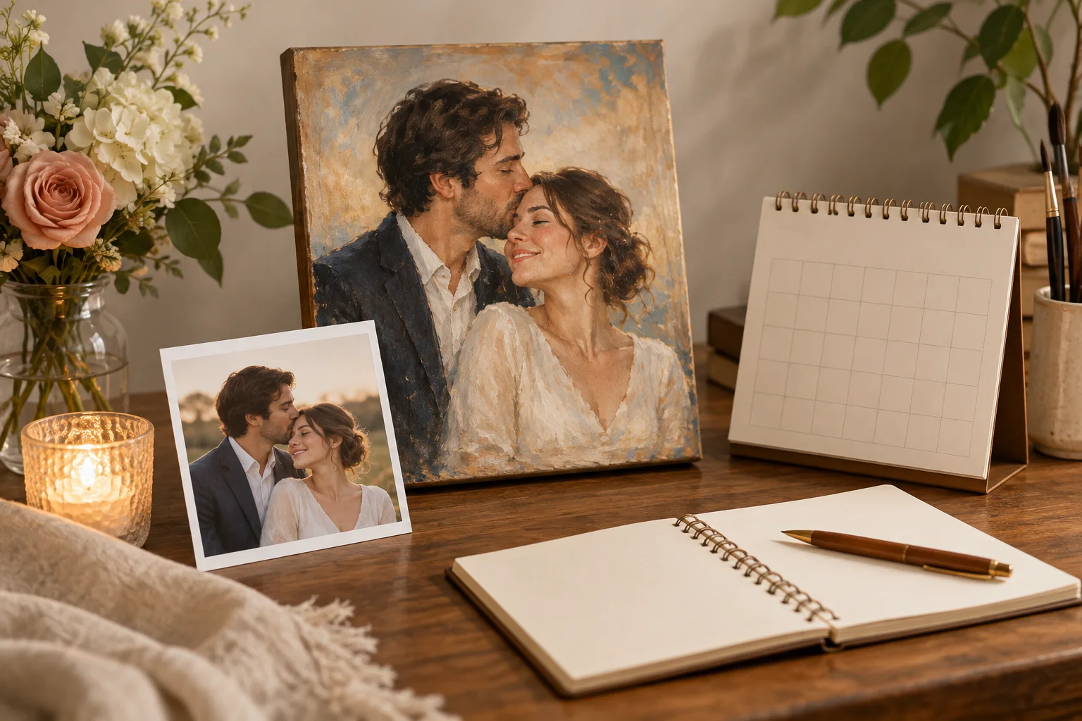 Fictional anniversary portrait planning desk with a blank calendar