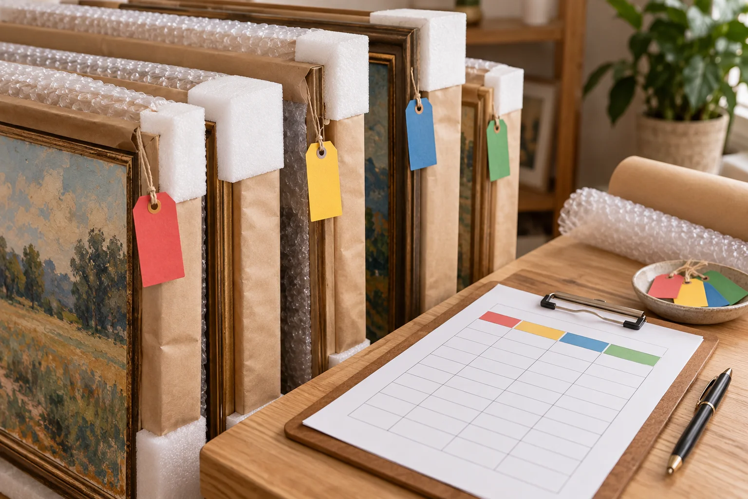 Illustrative artwork package identification tags beside an inventory grid