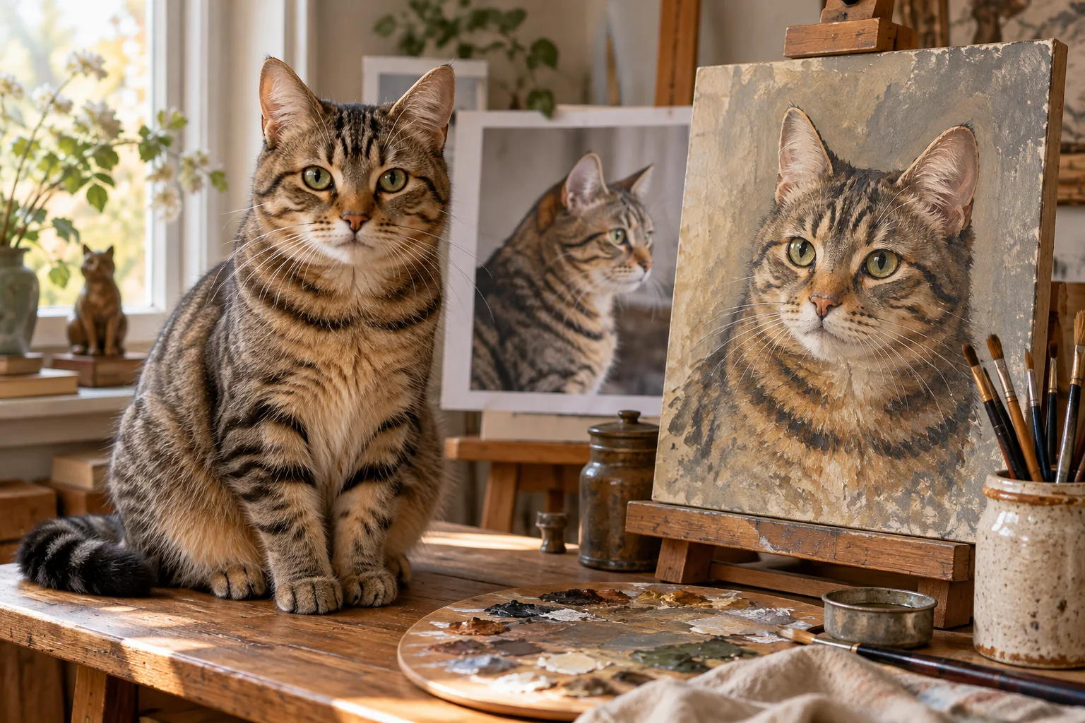 Fictional tabby cat references beside a small painted portrait