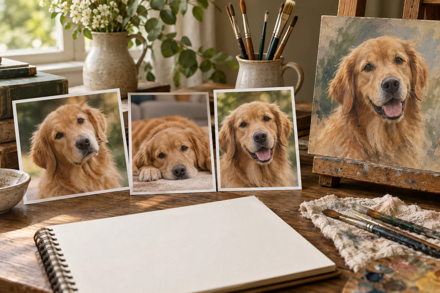 Fictional pet photographs compared beside a painted dog study