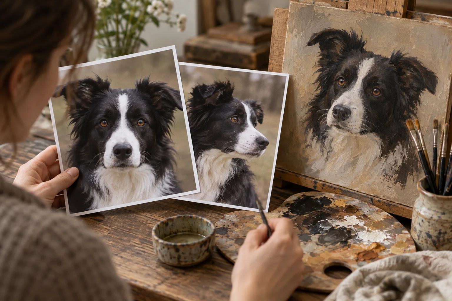 Fictional dog reference photographs showing eye shape and coat markings