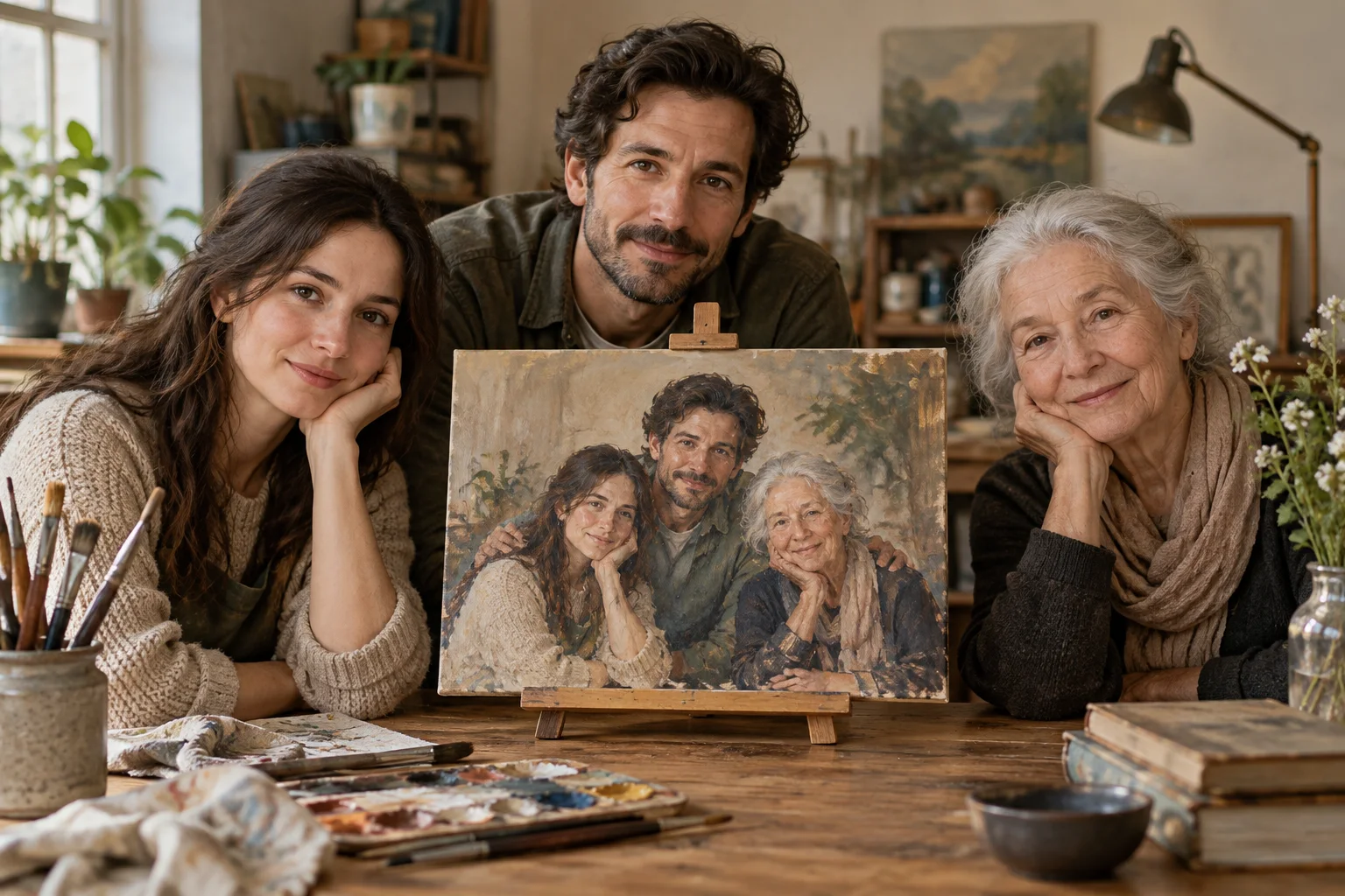 Fictional family portrait planning scene with painted and photographic references