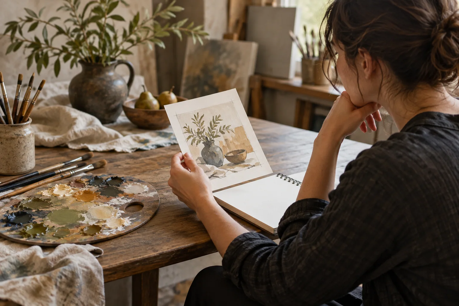 A composition sketch and palette beside a planning notebook