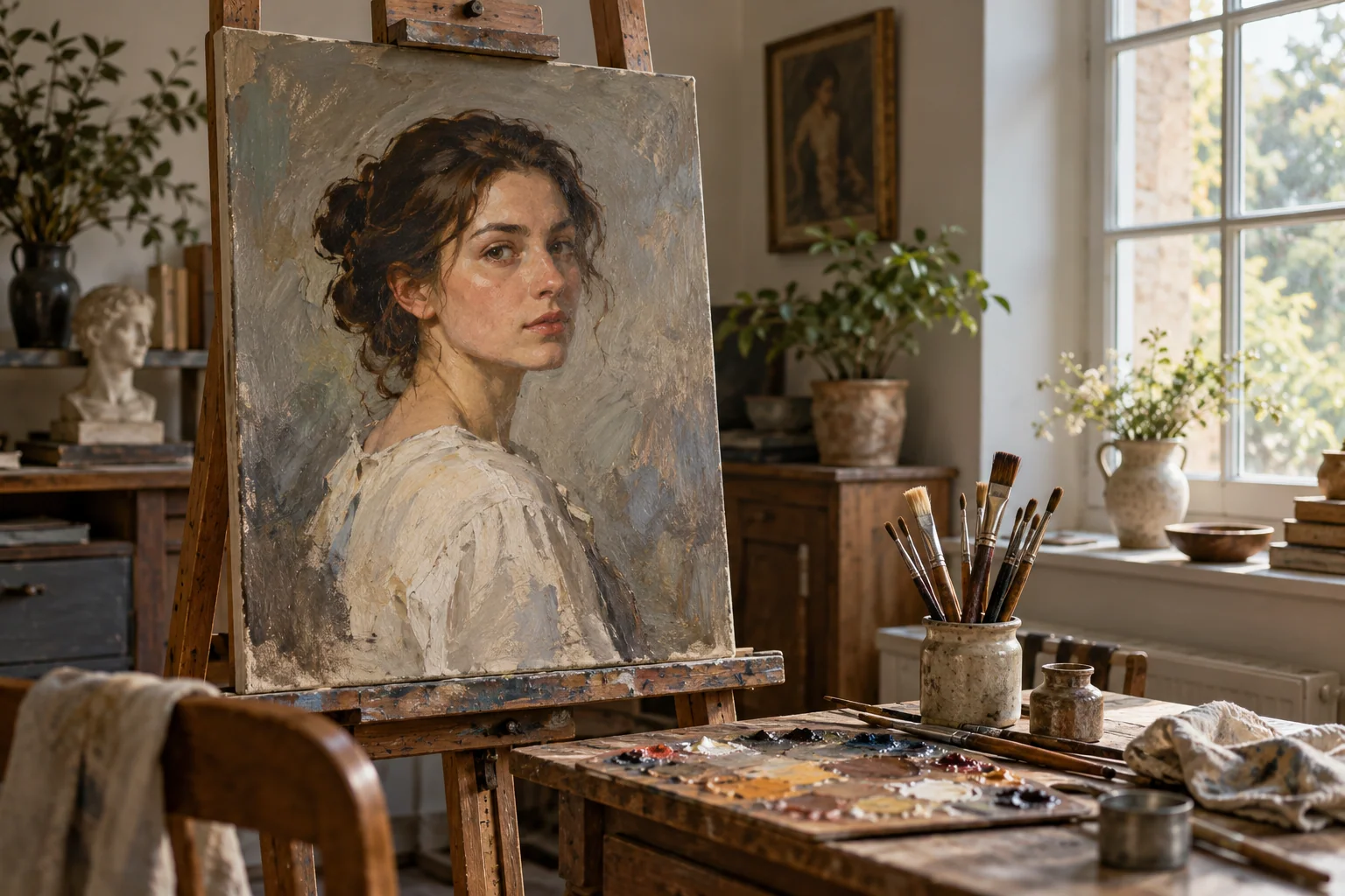 A nearly finished portrait awaits a review