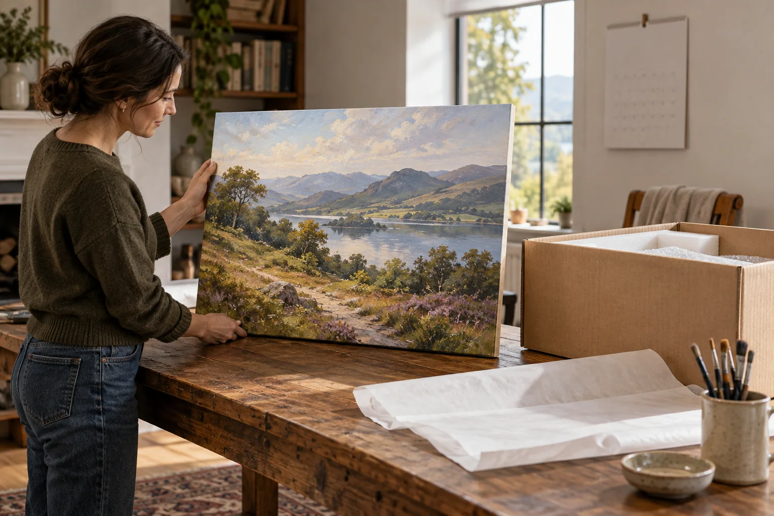 A completed painting is checked beside protective packing