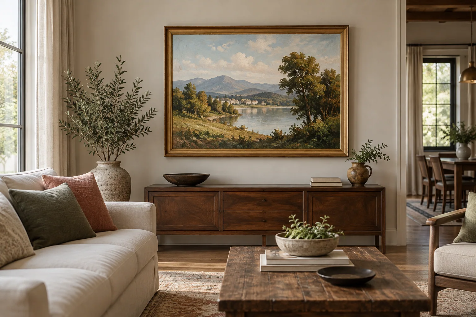 A landscape painting displayed away from direct sunlight