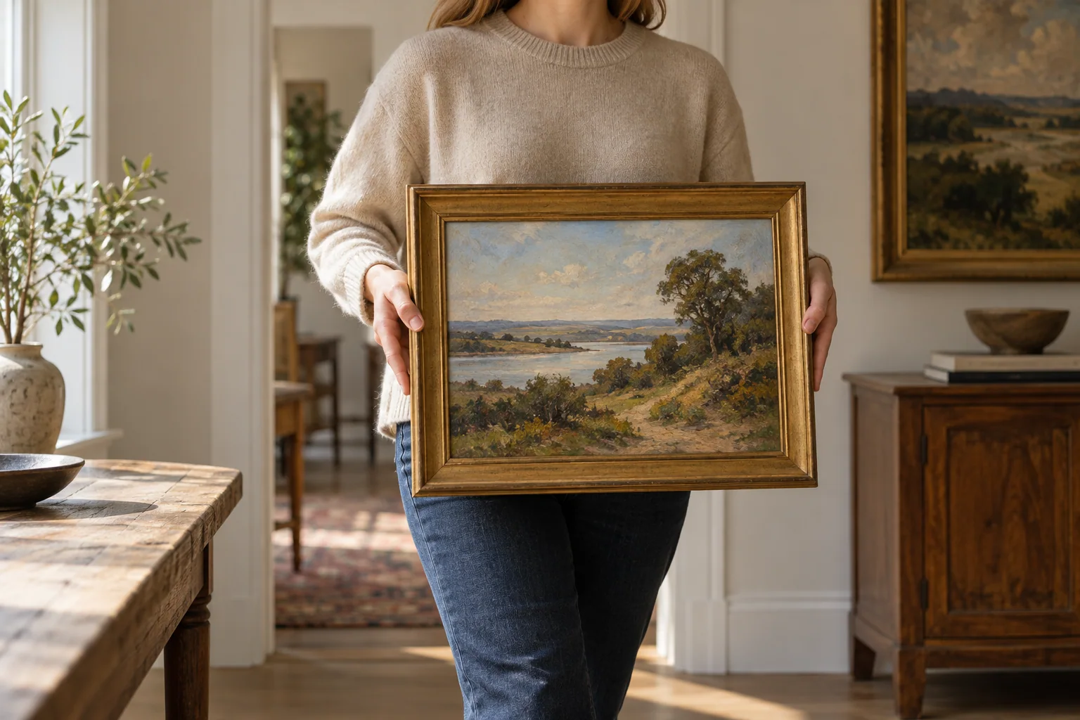 A painting is carried by its side rails with both hands